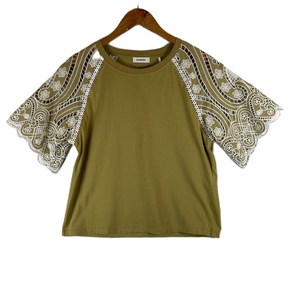 Sandro Paris Womens Olive Green Guipure Lace‎ Floral Sleeve T-Shirt Size 1